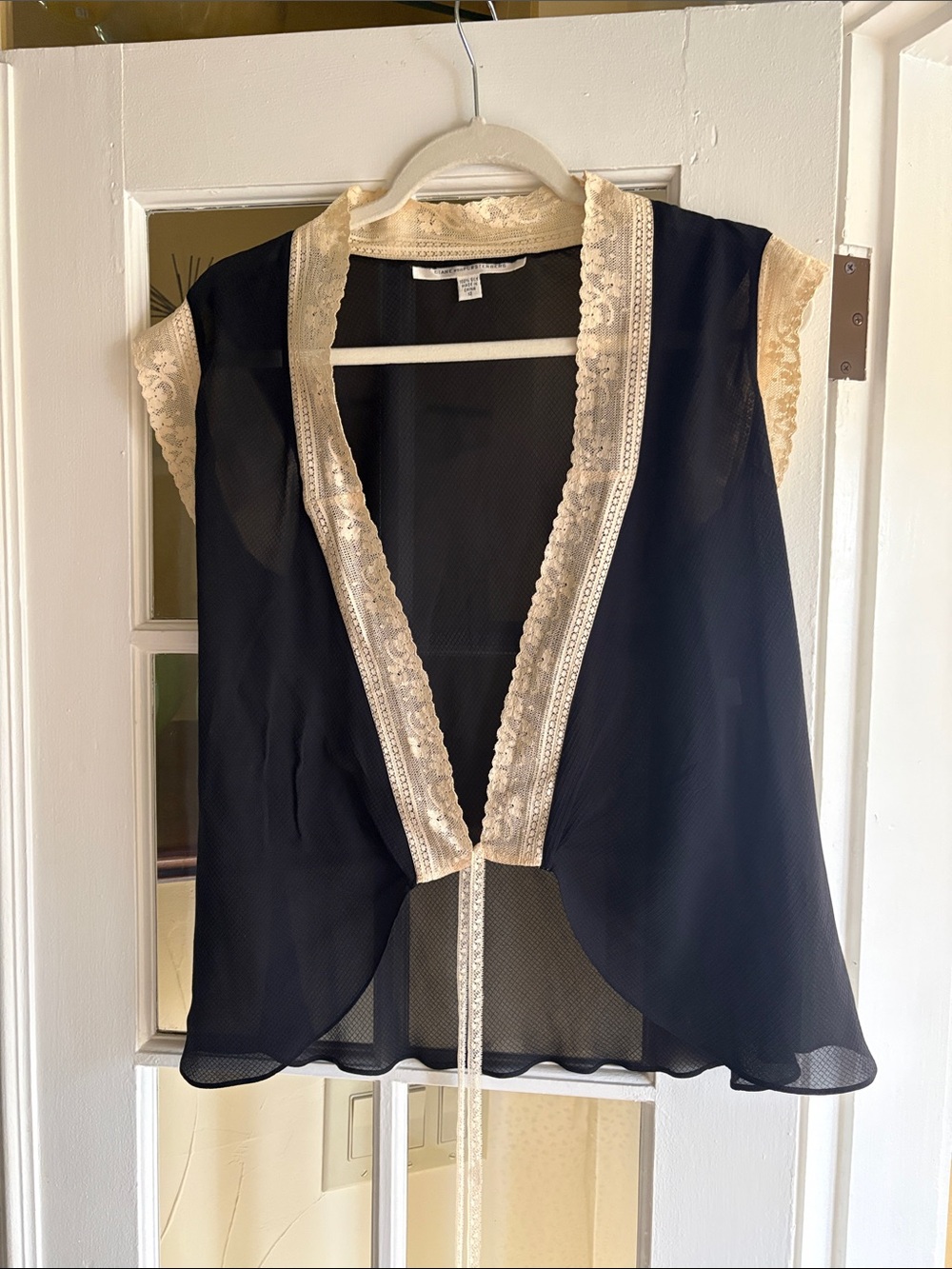 Diane Von Furstenberg Black Sheer Open-Front Blouse with Cream Lace Trim